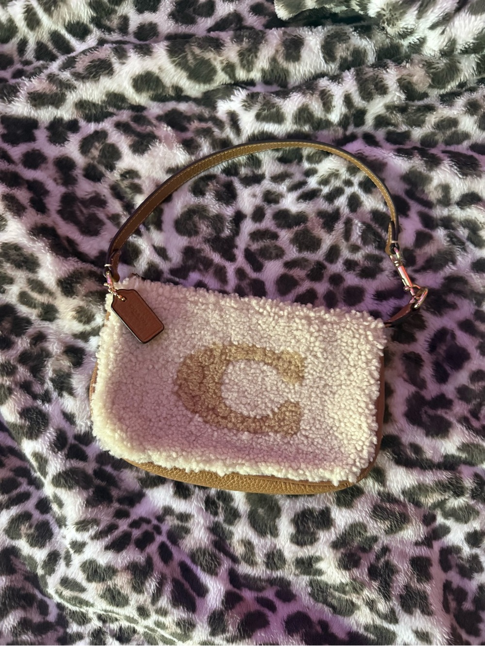 Coach Shearling 'C' Shoulder Bag in Cream and Tan